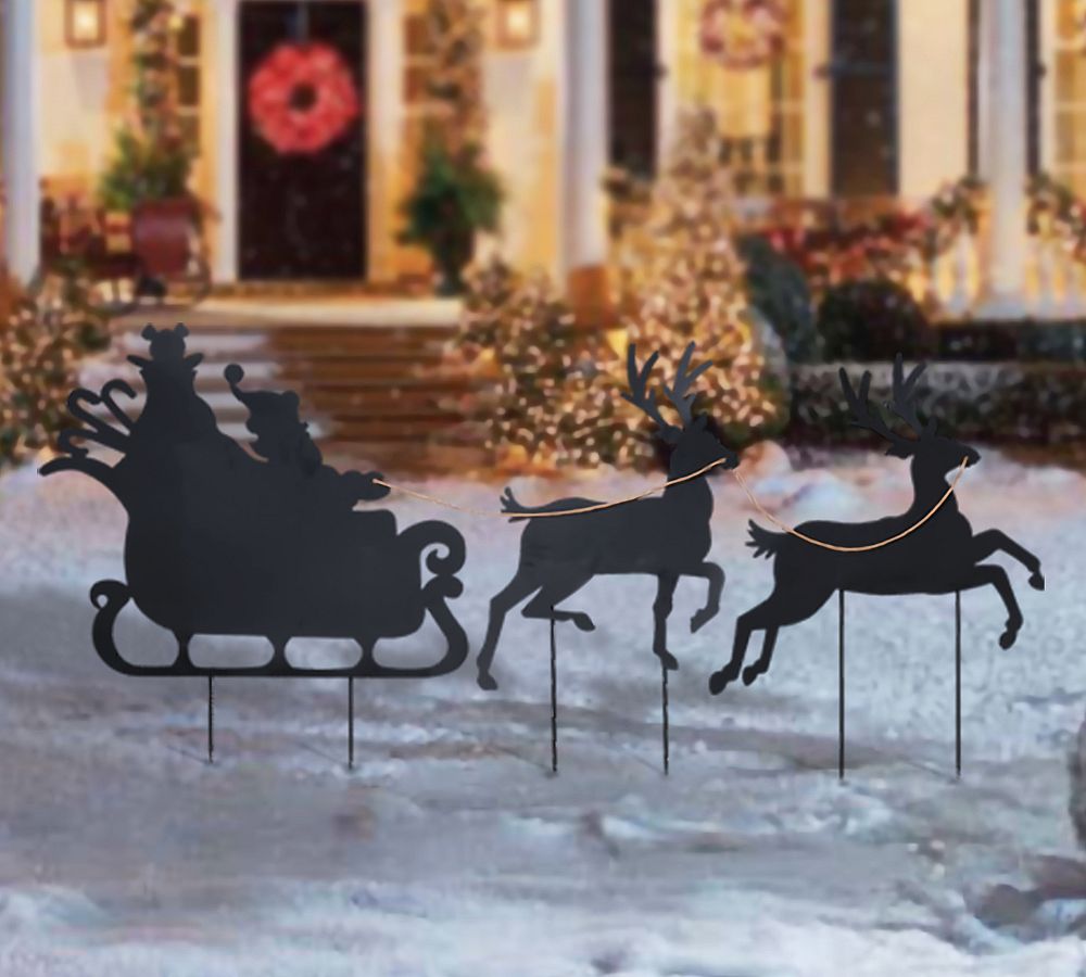 Metal Santa Reindeer Sleigh Outdoor Yard Stakes Set – Black Finish, Easy Assembly, Phthalate & BPA Free
