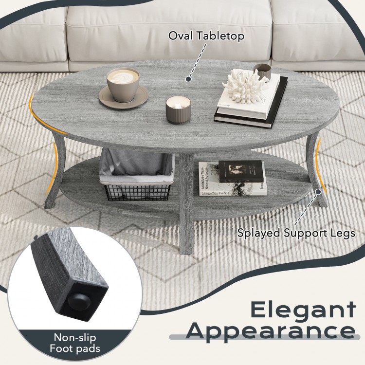 Oval Coffee Table 2-Tier Center Table with Storage Shelf