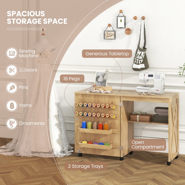 Folding Sewing Table with Storage Shelf and 5 Lockable Wheel