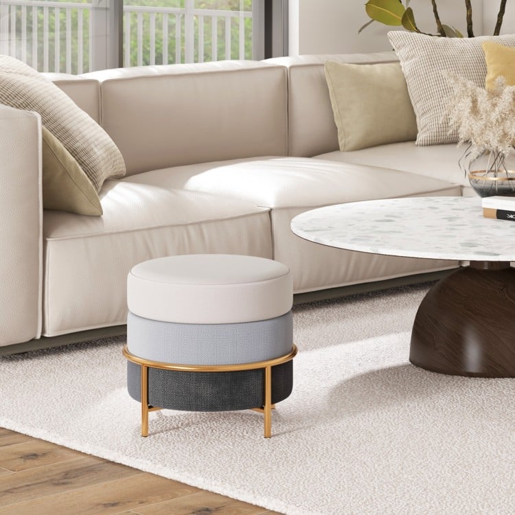 Upholstered Linen Fabric Ottoman with Gold Metal Legs and Anti-slip Foot Pads