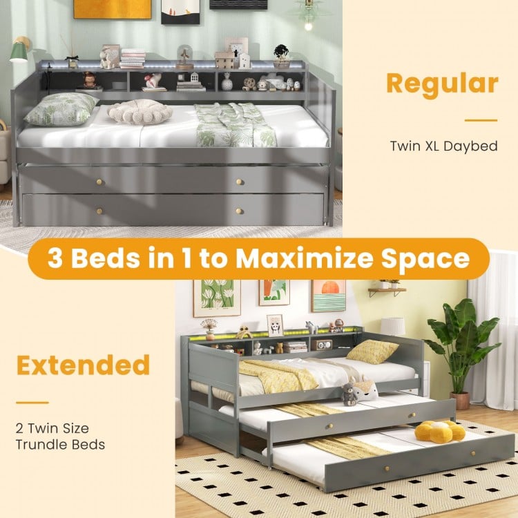 Twin XL Captain Bed with 2 Twin Trundle Beds and 3 Storage Cubbies