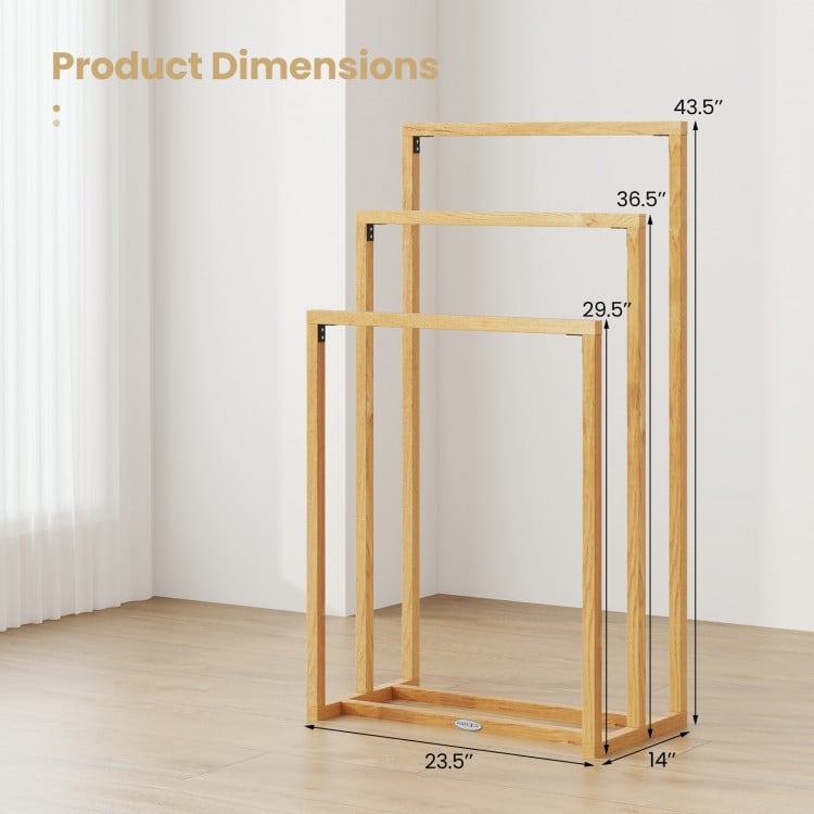 3-Tier Teak Wood Towel Rack with 3 Hanging Crossbars