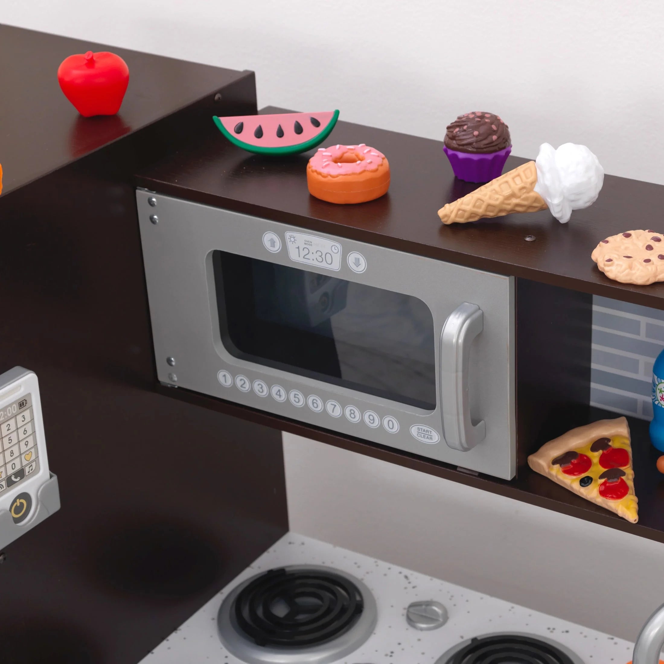 KidKraft Uptown Espresso Wooden Play Kitchen with 30-Piece Food Set, Interactive Features, Modern Design