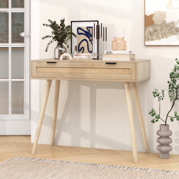 Rattan Console Table with Pull-out Drawer Boho Style Entryway Table