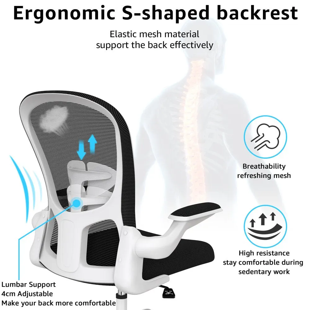 Silybon Ergonomic Office Chair, Adjustable Height with Flip-Up Arms, Breathable Mesh, 300 lbs Capacity, White