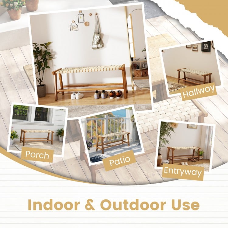 47 Inches Long Teak Wood Patio Bench with Weave Seat and Solid Wood Legs