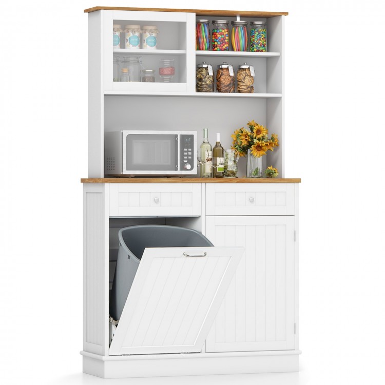 68 Inch Double Tilt Out Trash Cabinet with Hutch and Rubber Wood Countertop
