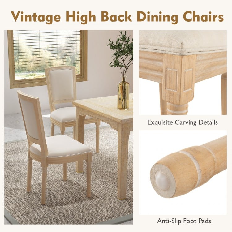 French Dining Chair Set of 2 with Rectangular Backrest and Solid Rubber Wood Frame