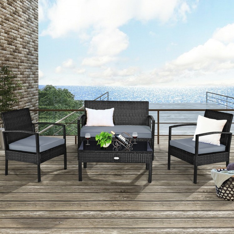 4 Pieces Patio Rattan Cushioned Furniture Set with Lounger and Table