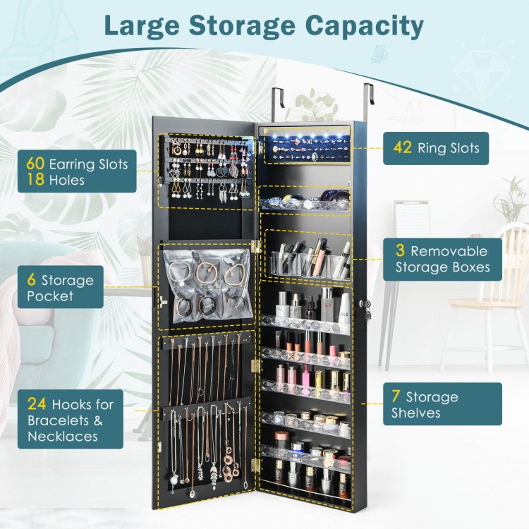 Wall Door Mounted Jewelry Armoire with Frameless LED Mirror