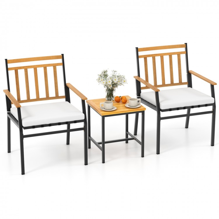 3 Pieces Outdoor Furniture Set Acacia Wood Patio Conversation Set with Cushions