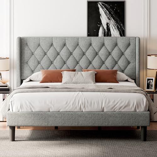 Feonase Full Size Bed Frame with Upholstered Wingback Headboard, Platform Bed and Heavy Duty Wooden Slats Support, Easy Assembly, Noise-Free, No Box Spring Needed, Dark Gray