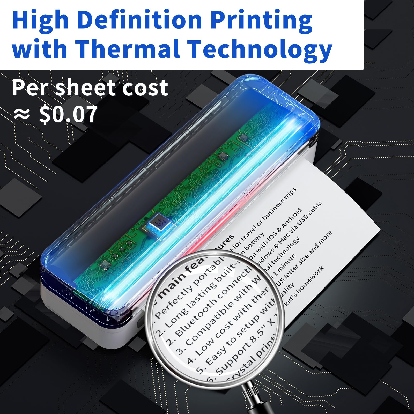 JADENS Bluetooth Thermal Portable Printer, Ink-Free, 8.5′′x11′′ Support, Compact for Travel & Office