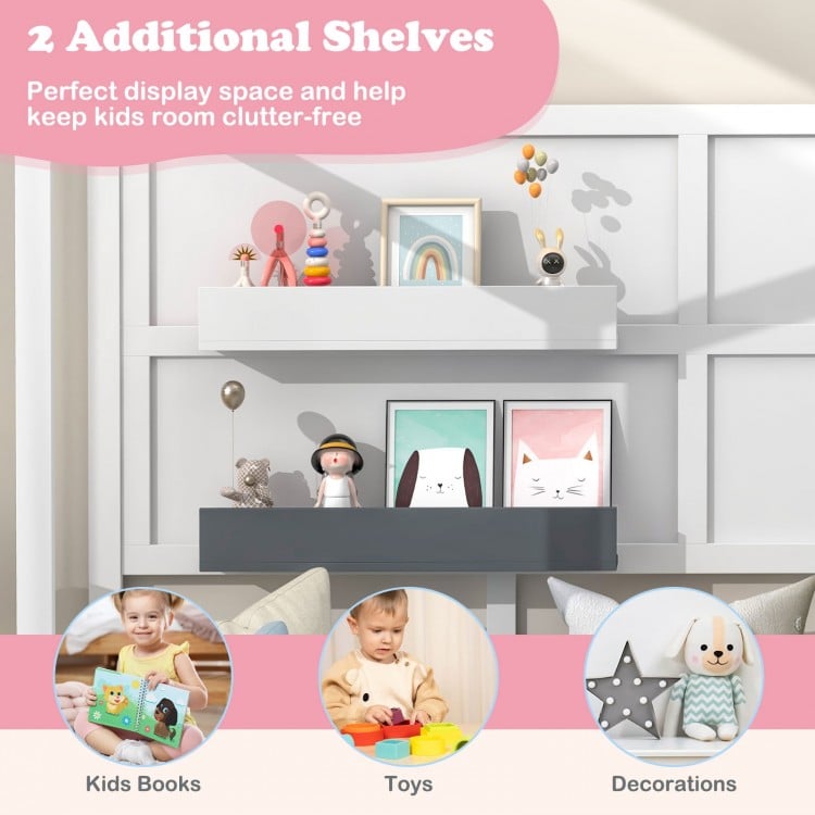 Twin Wood House Bed Montessori Floor Bed with 2 Shelves and Guardrails