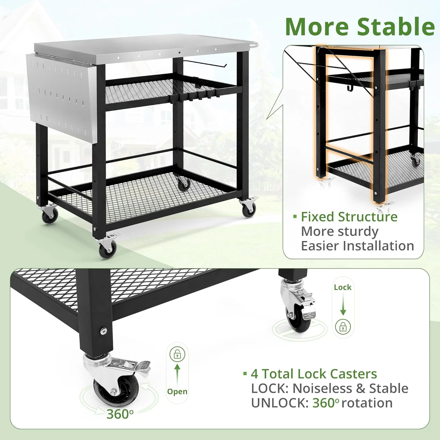 LUE BONA Outdoor Grill Cart Table – Portable, Foldable with Adjustable Storage & Tool Hooks