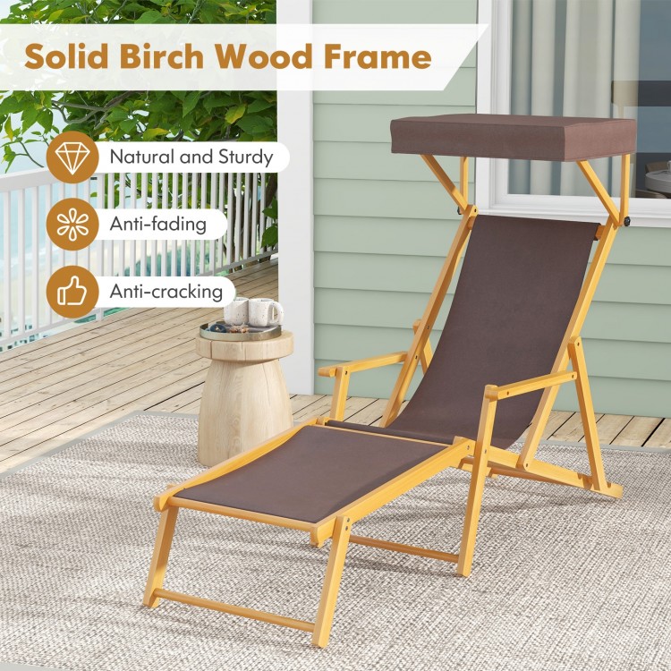 Birch Wood Chaise Lounge Chair Foldable Beach Chair with Adjustable Canopy