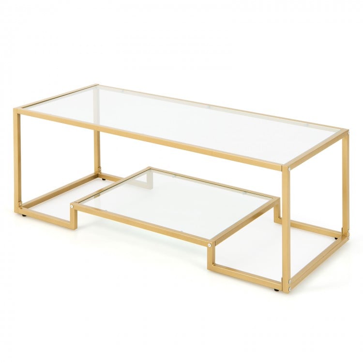 Modern 2-Tier Rectangular Coffee Table with Glass Table Top