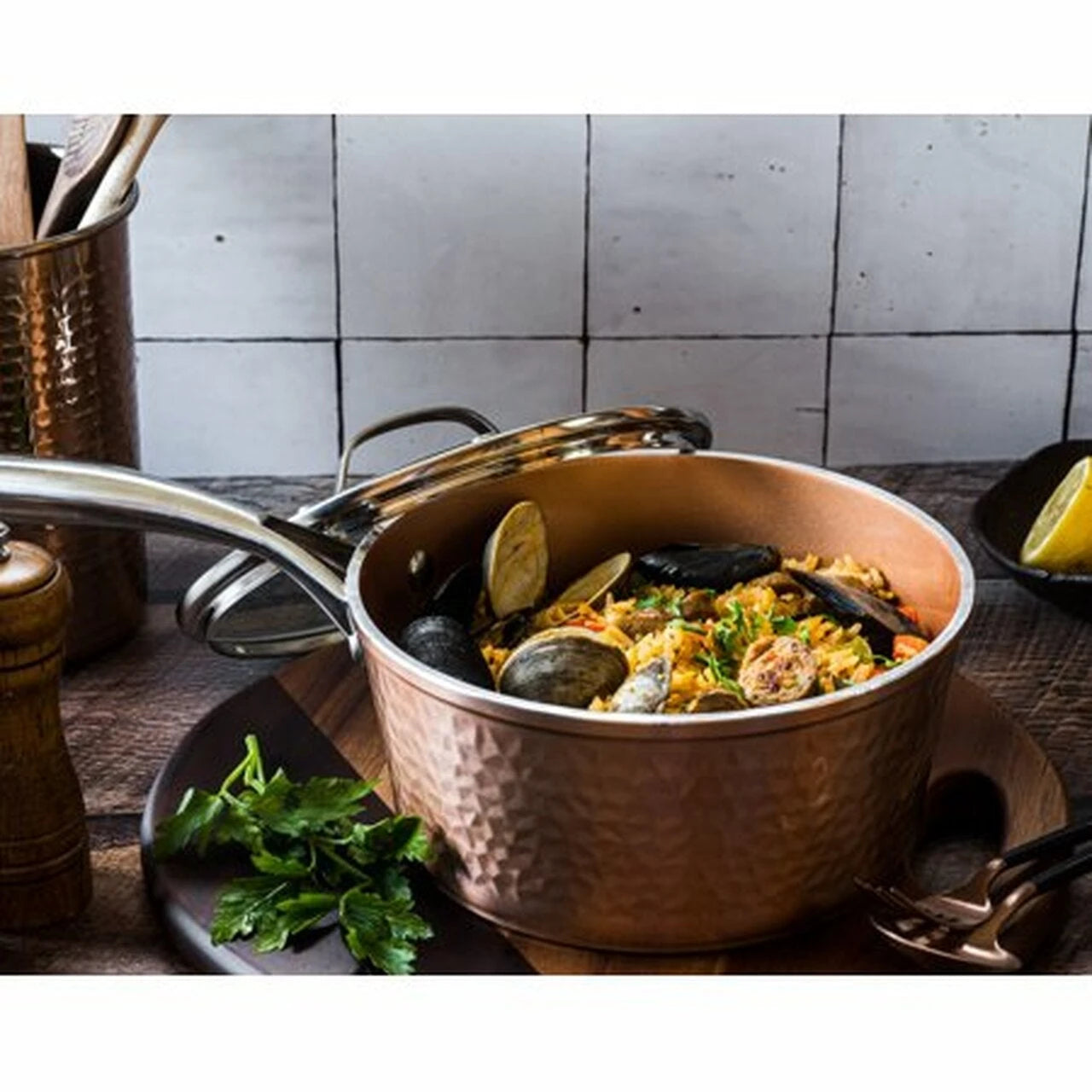 Gotham Steel Hammered Copper Cookware Set, 5 Piece, Nonstick, Dishwasher & Oven Safe, Induction Ready, Aluminum