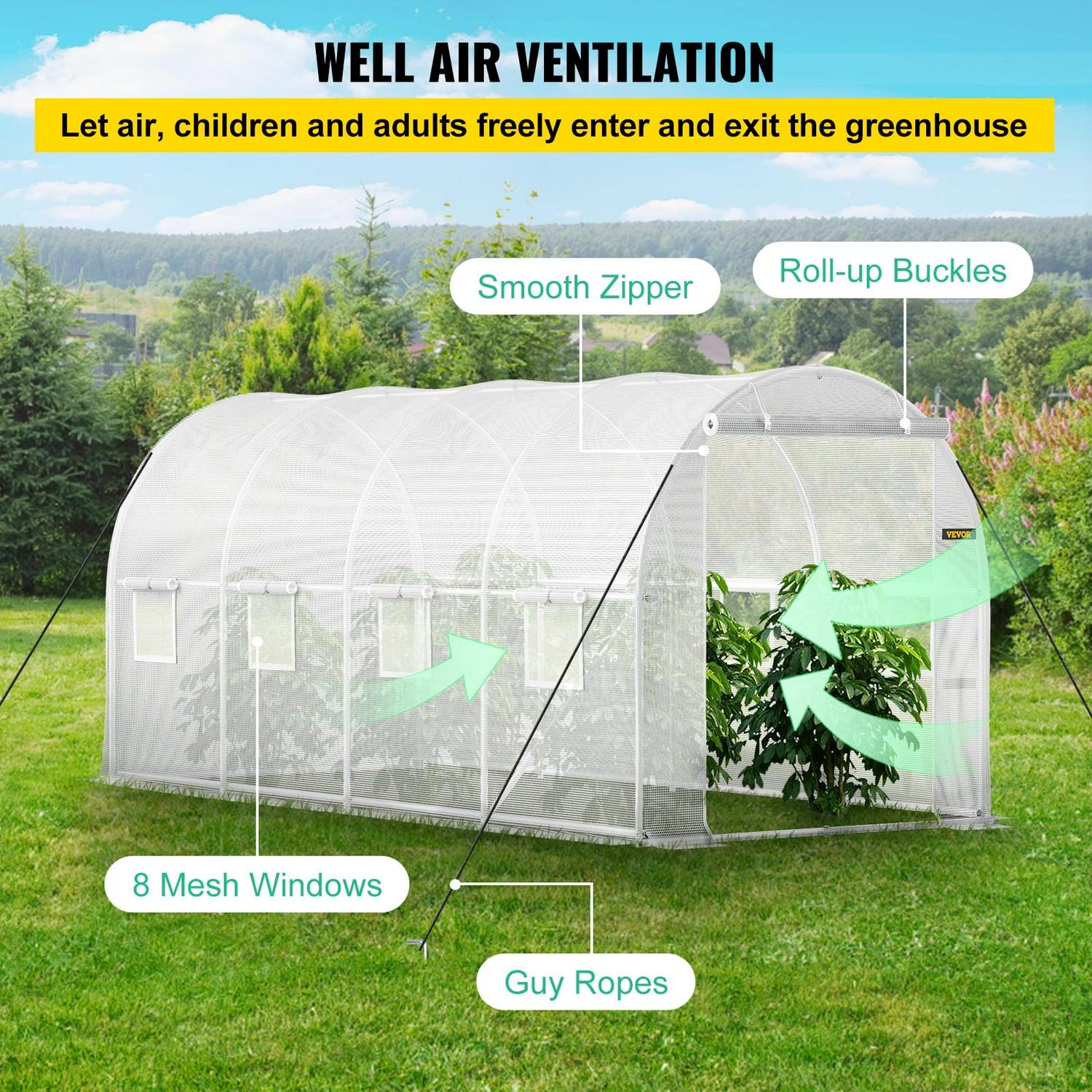 VEVORbrand 15x7x7 ft Walk-in Tunnel Greenhouse, Portable Plant House, Galvanized Steel Frame, Zippered Door, 8 Roll-up Windows, White