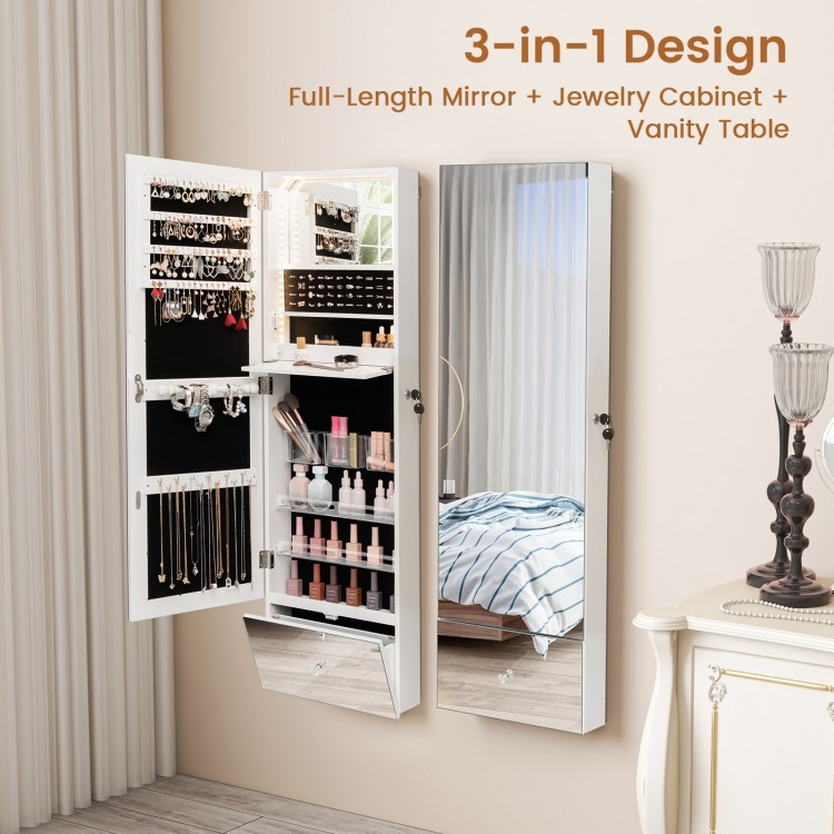 Wall Mounted Jewelry Armoire Organizer with Full-Length Frameless Mirror