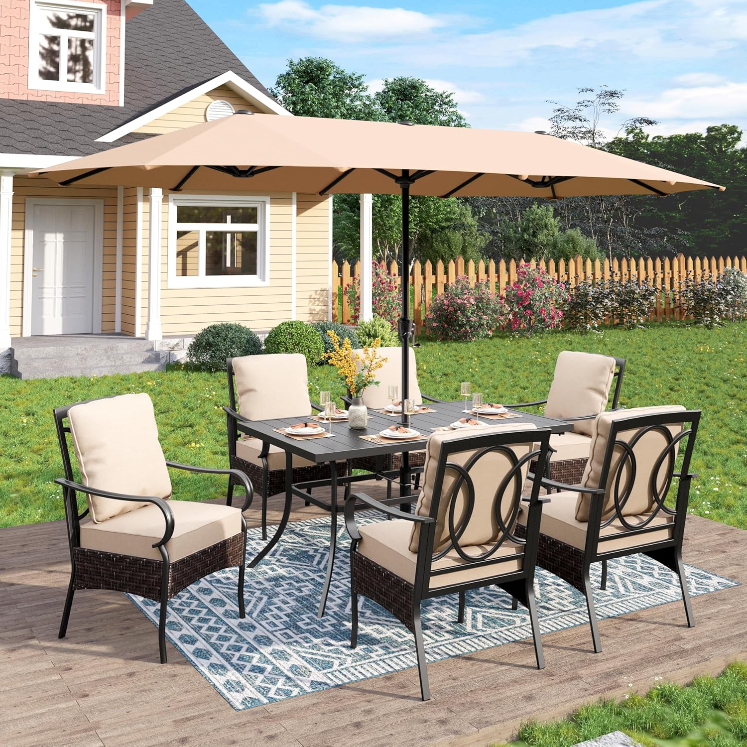 PHI VILLA 6-Piece Outdoor Dining Sets, All-Weather Patio Table and Chairs Set with Umbrella for 4, Heavy Duty Patio Round Table Set for Deck, 4 Extra Large Outdoor Swivel Chairs with Thick Cushions