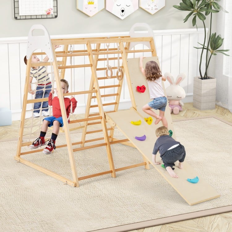 8-in-1 Wooden Jungle Gym Playset with Slide and Monkey Bars