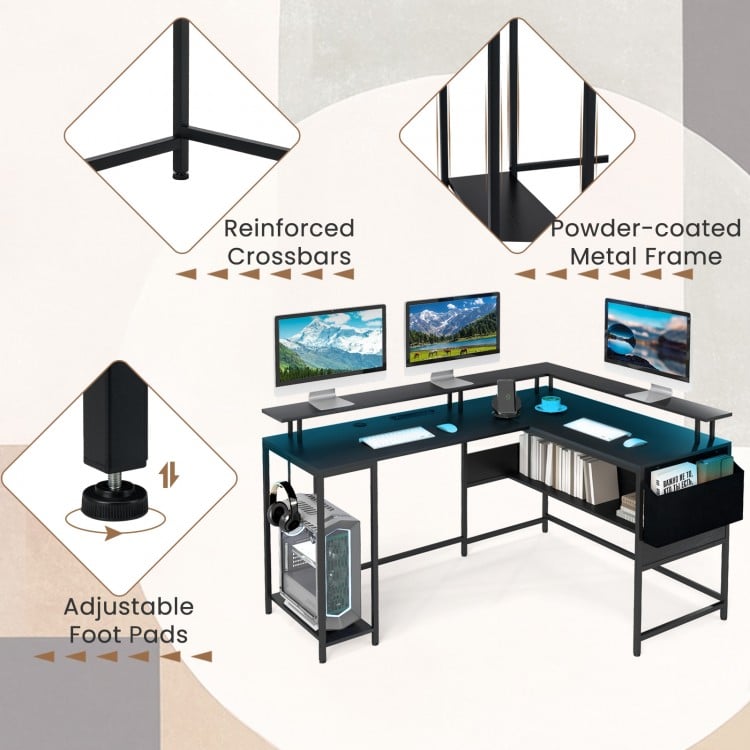 L-Shaped Gaming Desk with LED Lights and Power Outlets Home Office Computer Desk