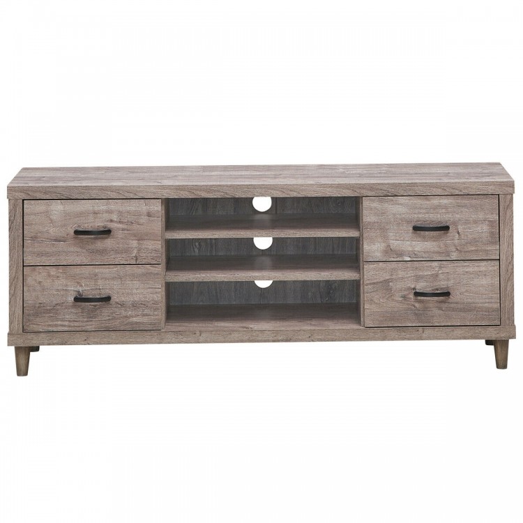 Retro Wooden TV Stand with 3 Open Shelves and 4 Drawers