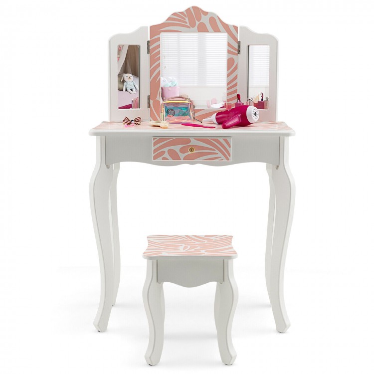 2-in-1 Kids Vanity Table Set with Tri-Folding Mirror