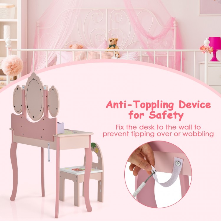 Kids Vanity Princess Makeup Dressing Table Chair Set with Tri-fold Mirror