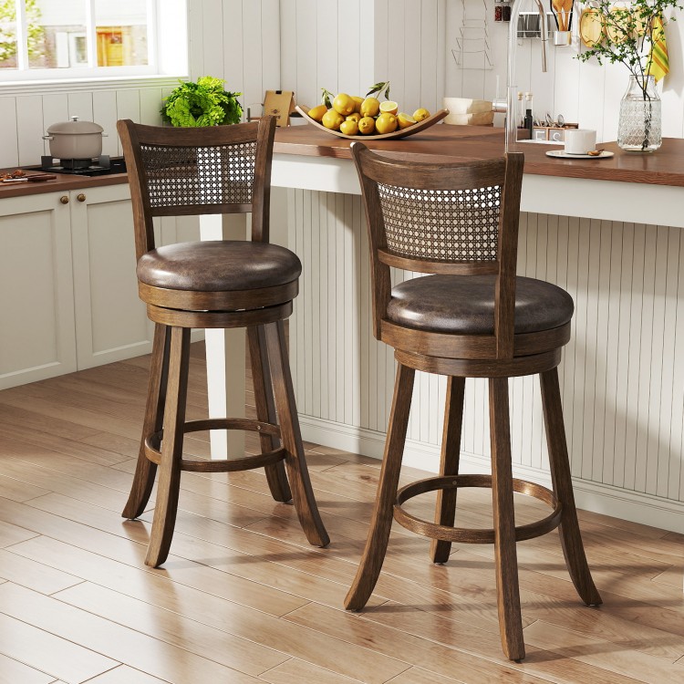 29 Inches Swivel Counter Height Barstool Set of 2 with Rattan Backrest and Footrest
