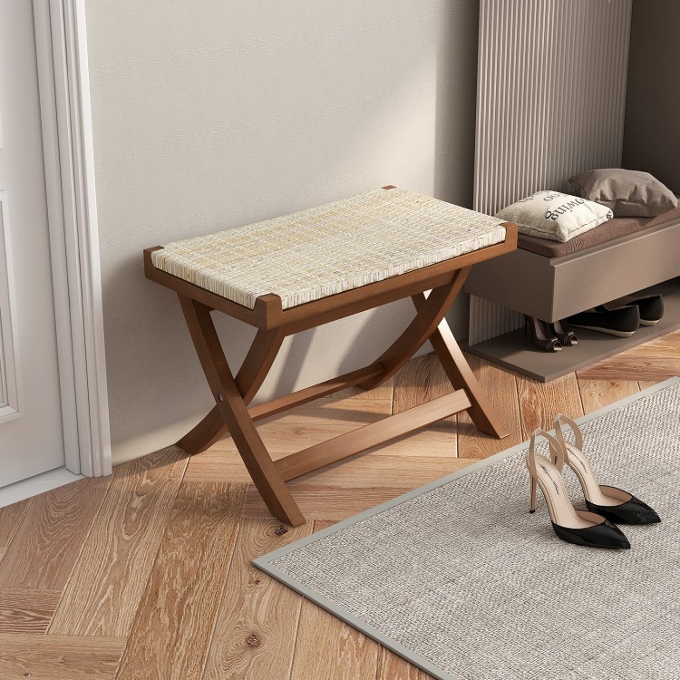 Folding Natural Rattan Ottoman with Hand-woven Seat