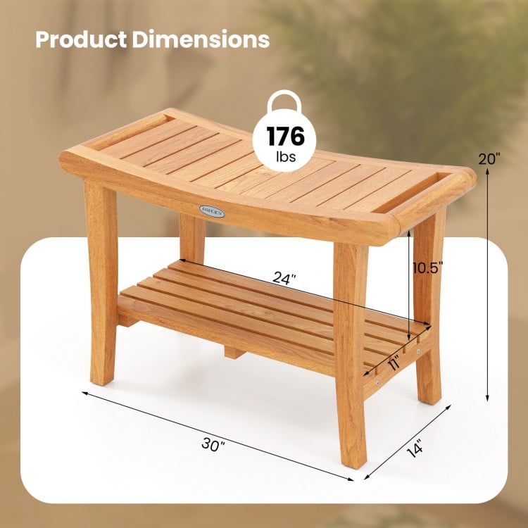 30 Inches Large Teak Shower Stool with Storage Shelf and Non-slip Footpads
