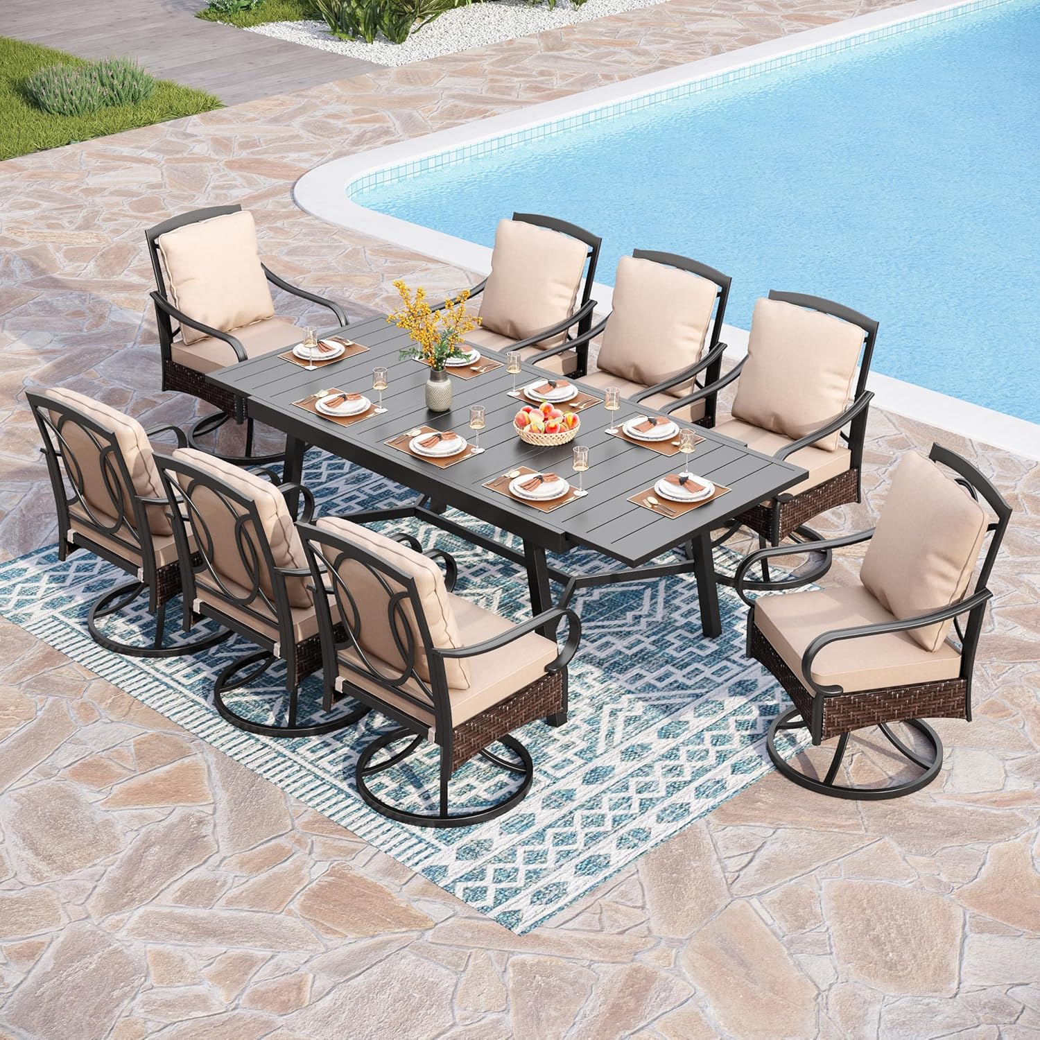 PHI VILLA 6-Piece Outdoor Dining Sets, All-Weather Patio Table and Chairs Set with Umbrella for 4, Heavy Duty Patio Round Table Set for Deck, 4 Extra Large Outdoor Swivel Chairs with Thick Cushions
