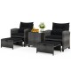 5 Piece Patio Rattan Furniture with 2 Ottomans and Tempered Glass Coffee Table