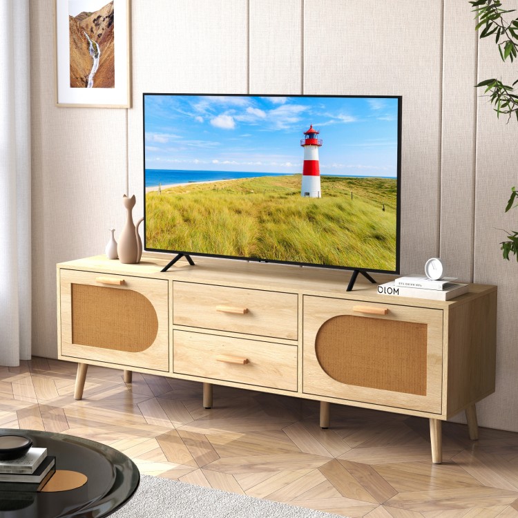 Rattan TV Stand for 65-Inch TV with Drawers and Solid Wood Legs