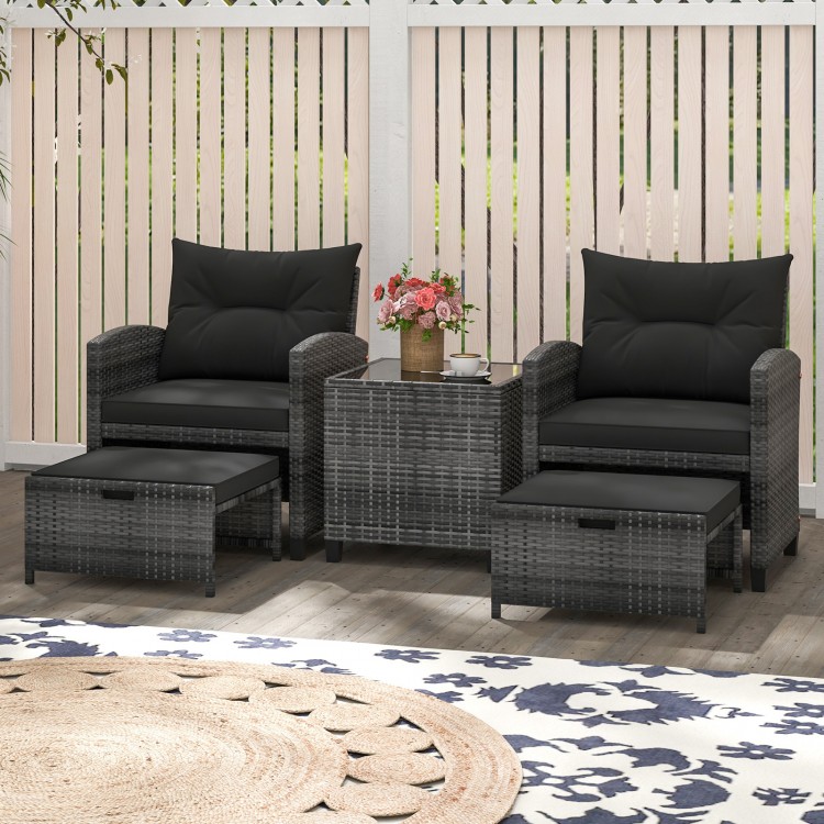 5 Piece Patio Rattan Furniture with 2 Ottomans and Tempered Glass Coffee Table