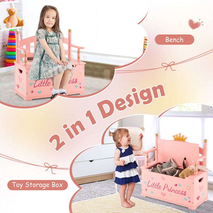 2-In-1 Kids Princess Wooden Toy Box with Safe Hinged Lid