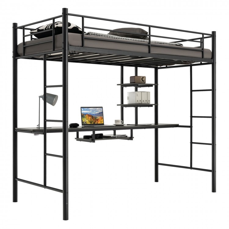 Twin Size Loft Bunk Bed with Desk Storage Shelf and Full-Length Ladders
