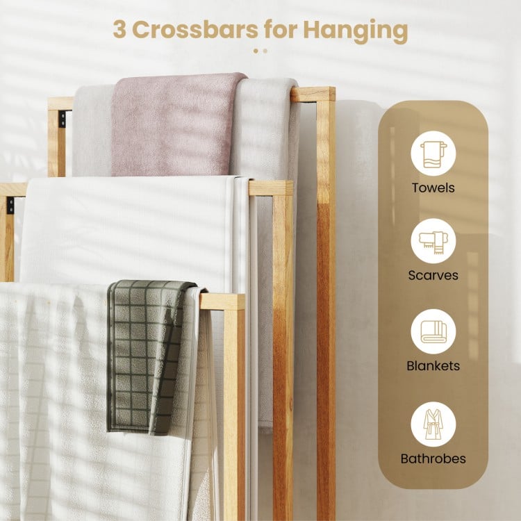 3-Tier Teak Wood Towel Rack with 3 Hanging Crossbars