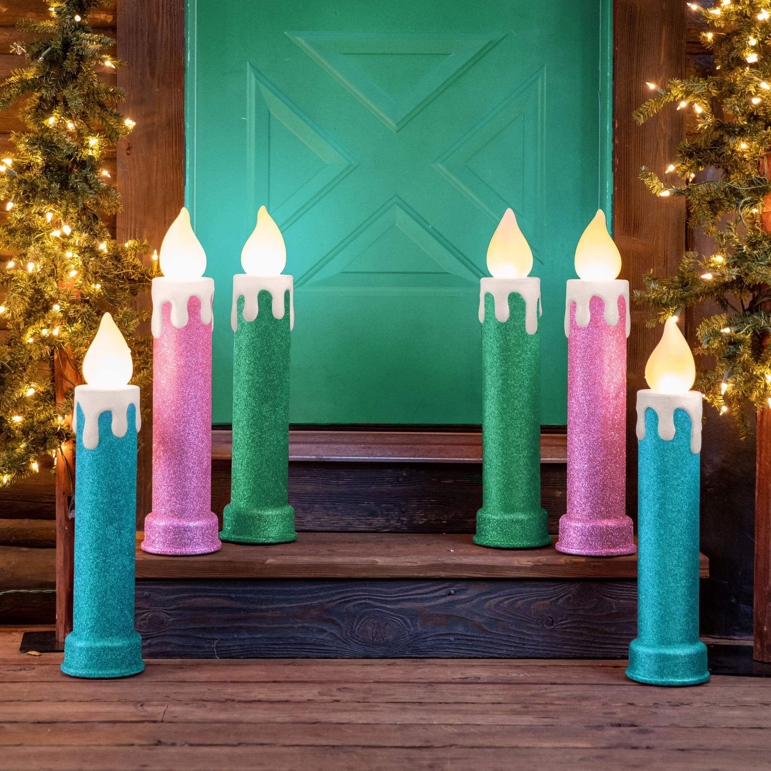Mr. Christmas 24′′ Green Blow Mold Candles Set with LED Flickering Flame, Indoor/Outdoor Holiday Decor, Battery-Operated, 2-Pack