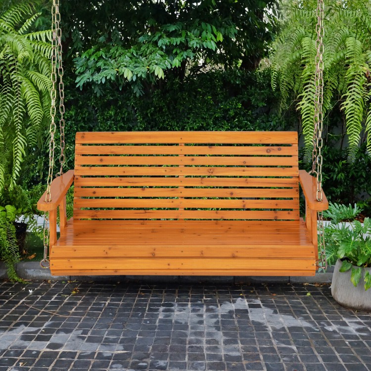 2-Person Wooden Porch Swing with Hanging Chains for Garden Yard