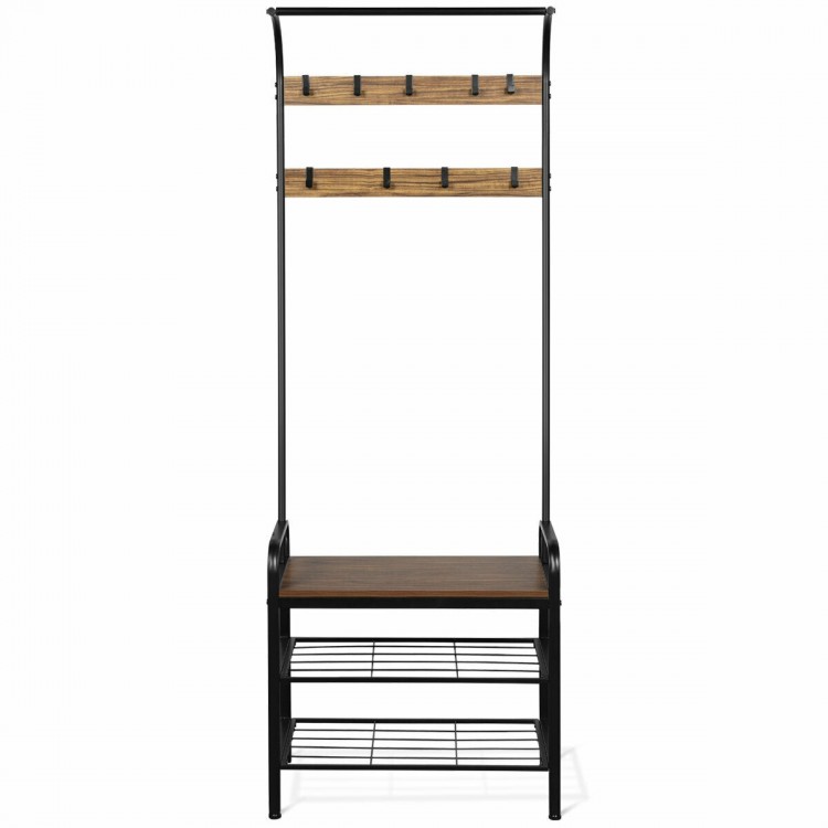Industrial Coat Shoe Bench Entryway Shelf with 9 Hooks