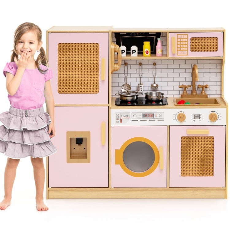Kids Wooden Kitchen Playset with Realistic Lights and Sounds
