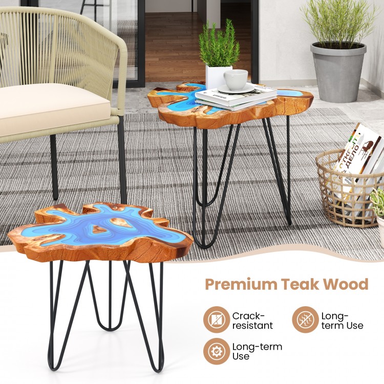 21 Inch Outdoor Epoxy Resin Teak Wood End Table with Irregular Tabletop