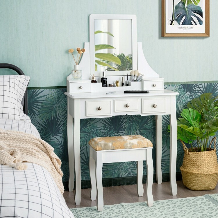 Makeup Vanity Set with Mirror and Cushioned Stool