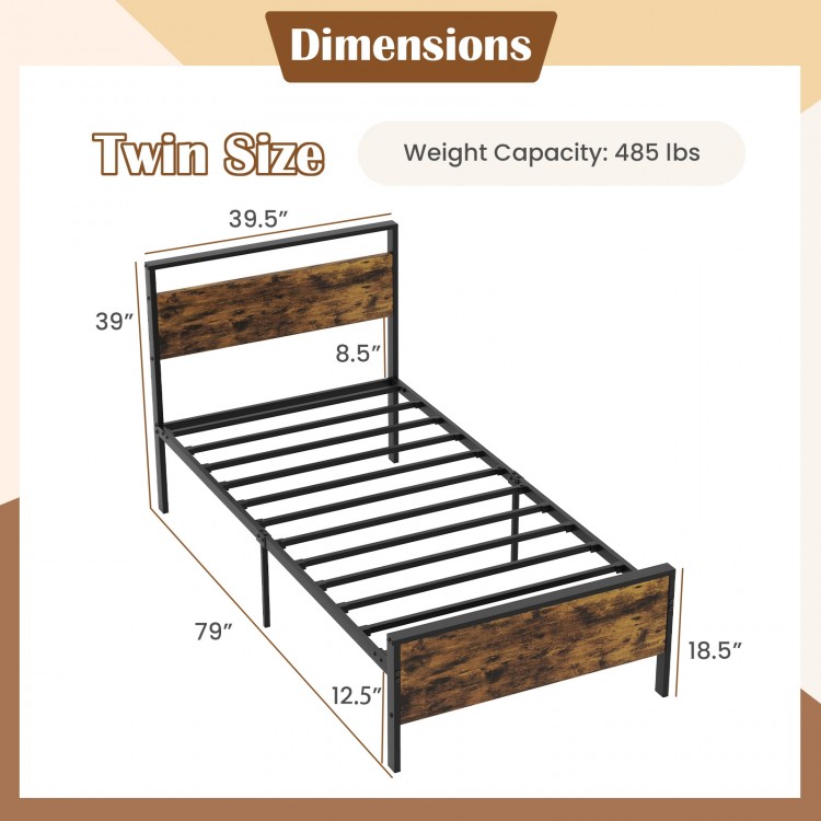 Twin/Full/Queen/King Metal Bed Frame Industrial Platform Bed with Wooden Headboard