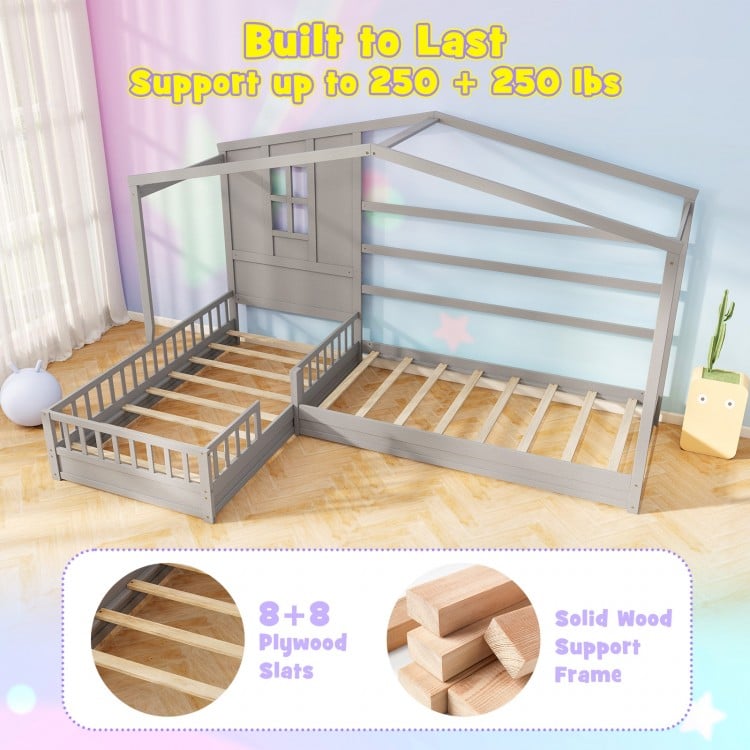 L-shaped Double Twin Beds House Platform Beds with Fences Corner Bed Frame
