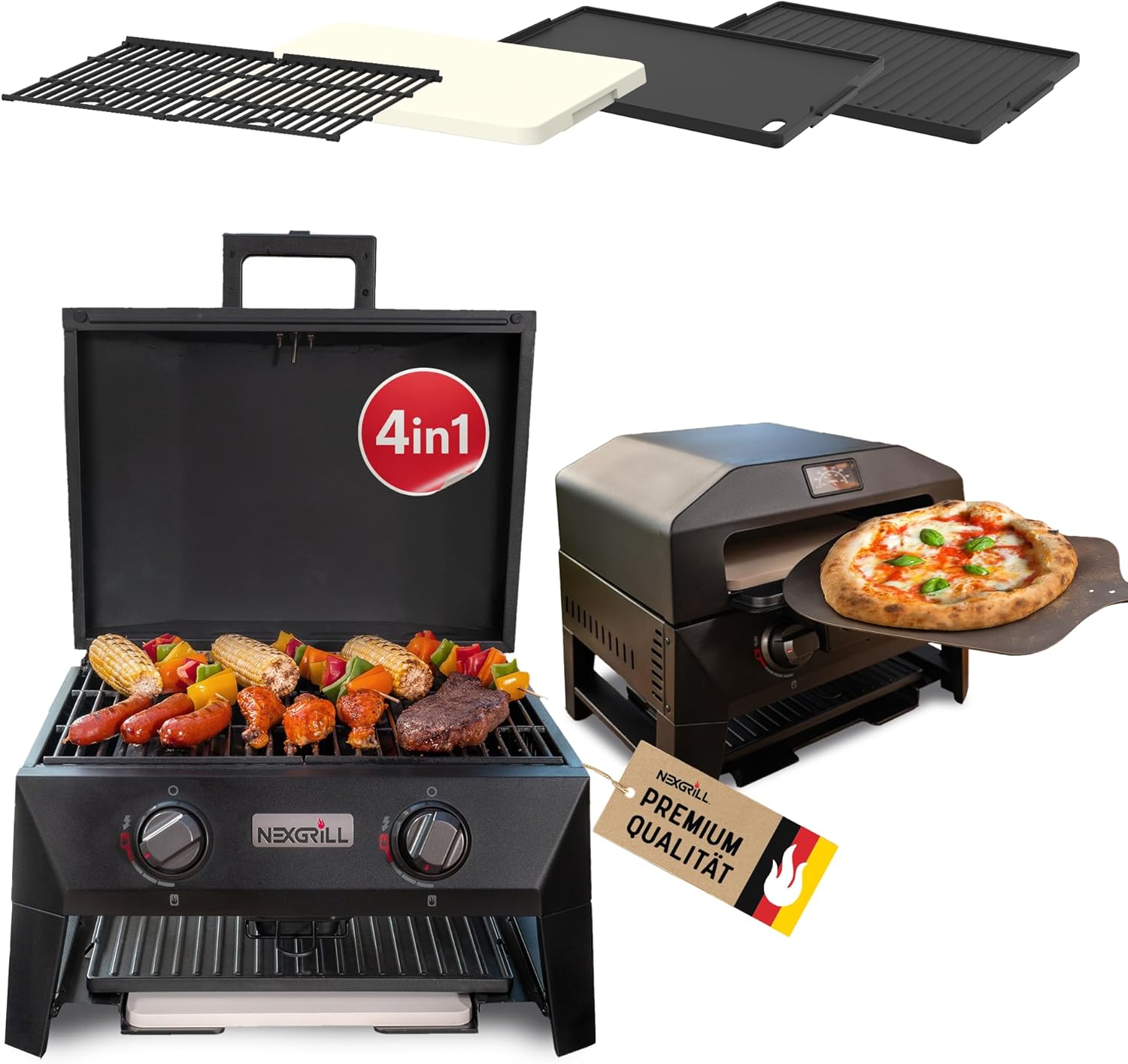 Nexgrill 4-i-1 gasgrill/bordgrill med 2 brændere, pizzaovnfunktion, cordierit-pizzasten og vendbar grillplade - Kompakt udendørs grill i stål med opbevaringsplads til tilbehør