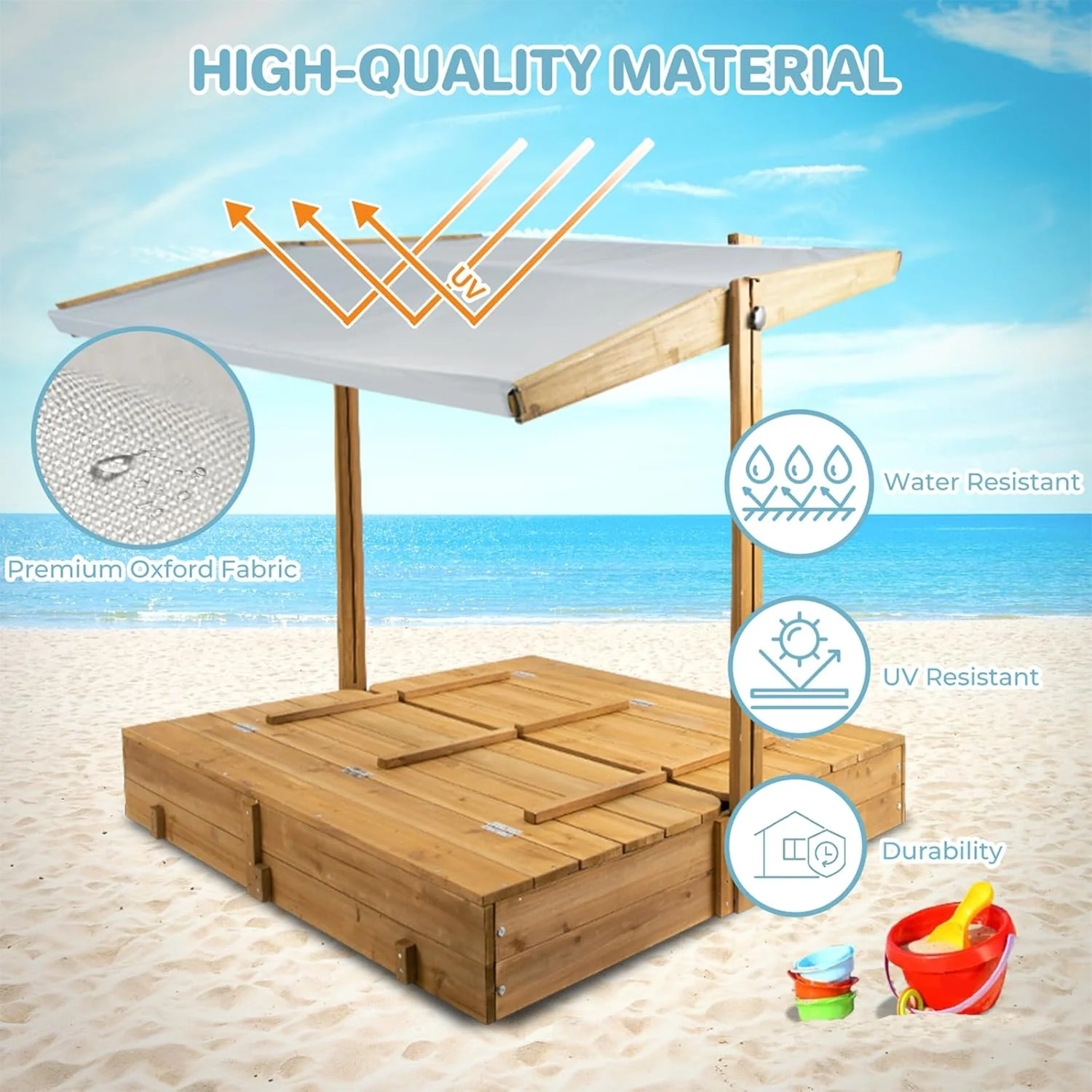 Kids Sandbox with Lid, Wooden Sand Box with Cover Outdoor, UV-Protection & Natural Wood, Foldable Bench Seat, Adjustable Canopy, Sand Box for Kids Ages 2-8（47x47in）